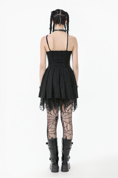 Pleated Dark Demon Slip Dress with Corset Lacing - NoirEdge