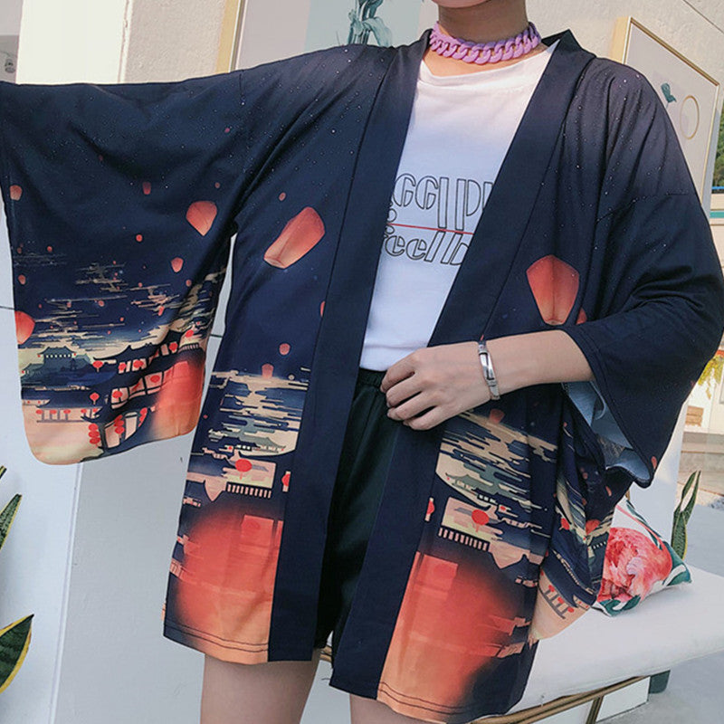 Cardigan kimono vintage de nuit avec lanternes