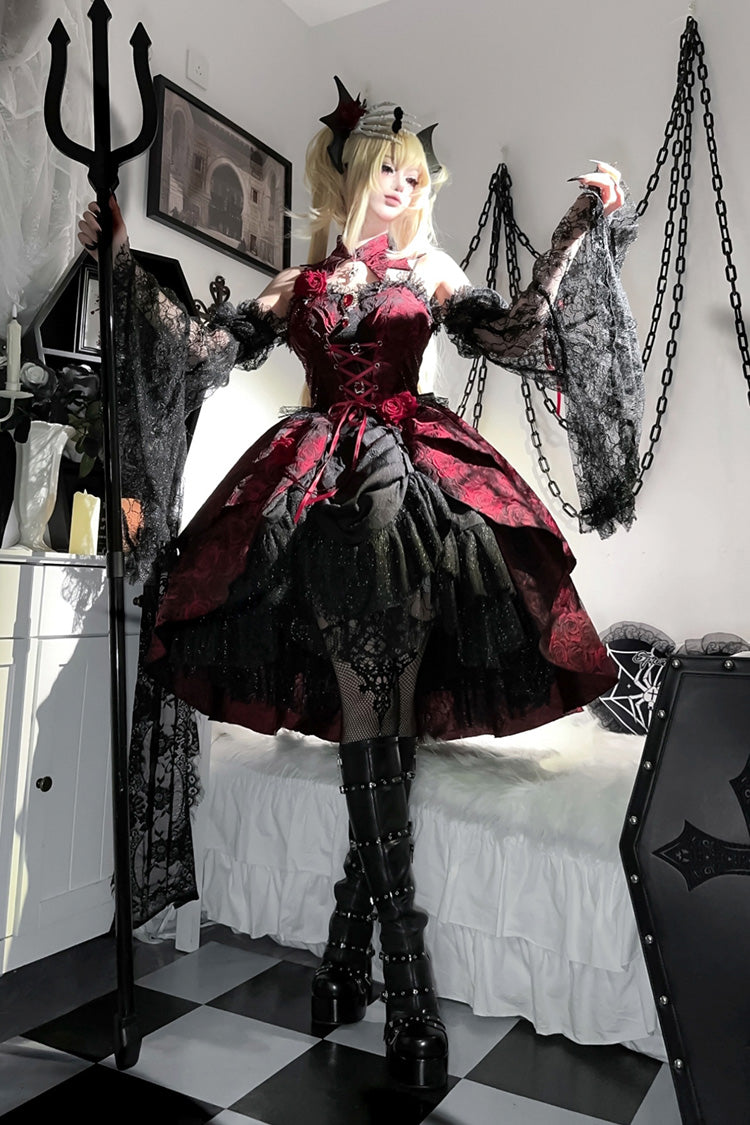 Weeping Rose Jacquard Lolita Dress with Lace-Up Cardigan - Noir