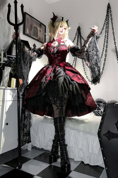Weeping Rose Jacquard Lolita Dress with Lace-Up Cardigan - Noir