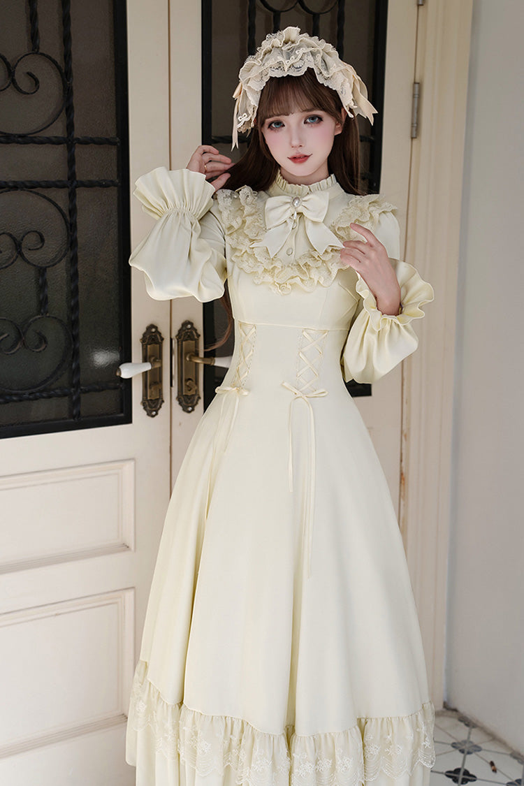Stand Collar Gothic Dress with Long Sleeves and Lace-Up Ruffled Bow - Letters & Poems · Day and Night