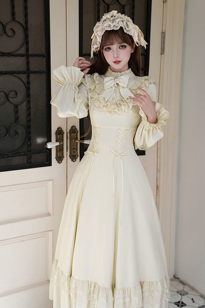 Stand Collar Gothic Dress with Long Sleeves and Lace-Up Ruffled Bow - Letters & Poems · Day and Night