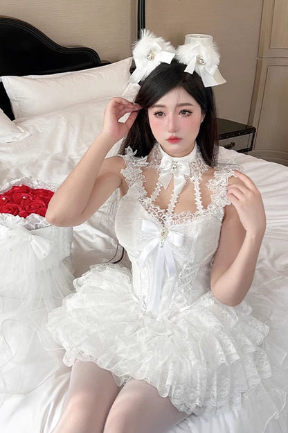 Ivory Ruffle Bow Lace Mini Lolita Skirt Dress
