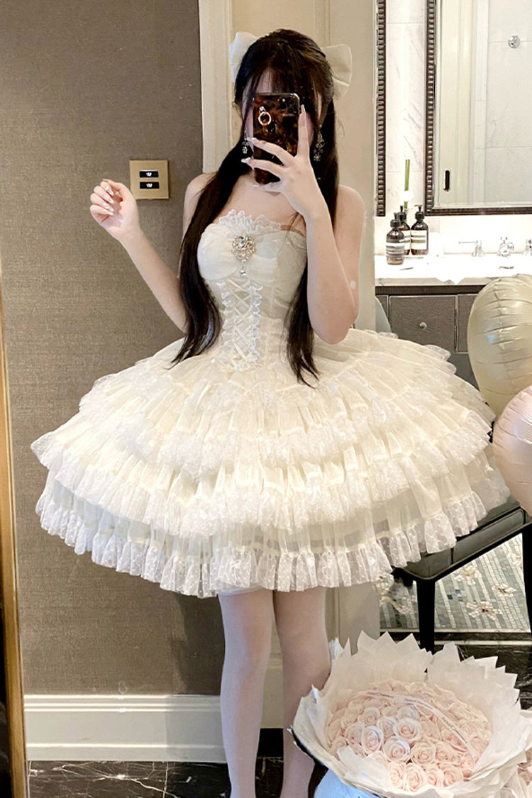 Heartbeat at First Sight Off-Shoulder Sleeveless Multi-Layered Ruffle Bowknot Lace Lace-Up Sweet Princess Gorgeous Lolita Dress in Beige