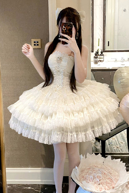 Heartbeat at First Sight Off-Shoulder Sleeveless Multi-Layered Ruffle Bowknot Lace Lace-Up Sweet Princess Gorgeous Lolita Dress in Beige