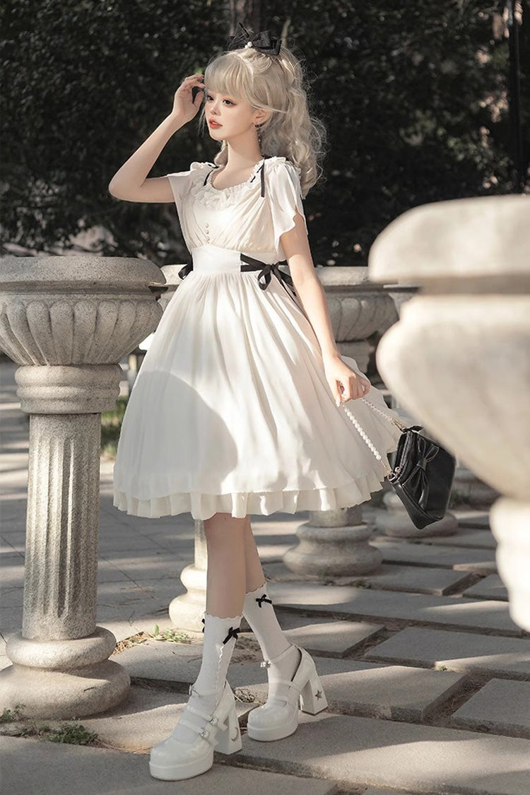 White Moonlight March Chiffon Short-Sleeved Ruffled Sweet Lolita Dress