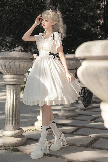 White Moonlight March Chiffon Short-Sleeved Ruffled Sweet Lolita Dress