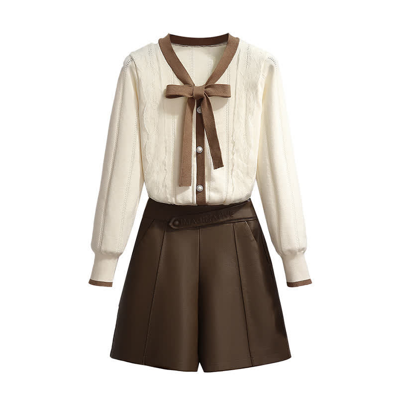 Eleganter Cardigan-Pullover mit Schleife und Shorts mit elastischer Taille