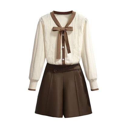Elegant Bowknot Shorts Elastic Cardigan Sweater Waist