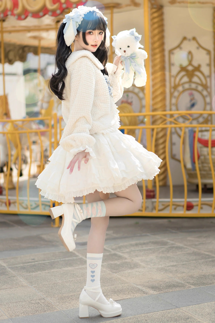 White and Blue Doll-Collar Short-Sleeved Multi-Layer Ruffled Sweet Princess Lolita Skirt Set