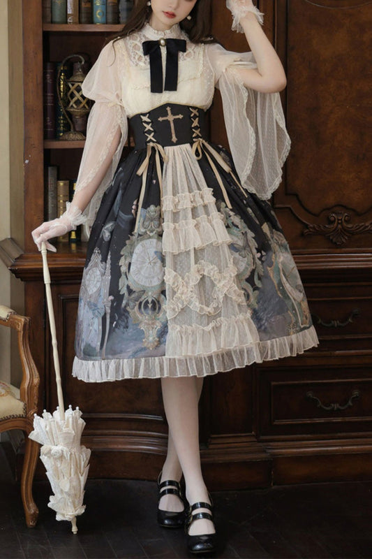 Cardigan with Lace Ruffles and Clock Butterfly Print Skirt Set