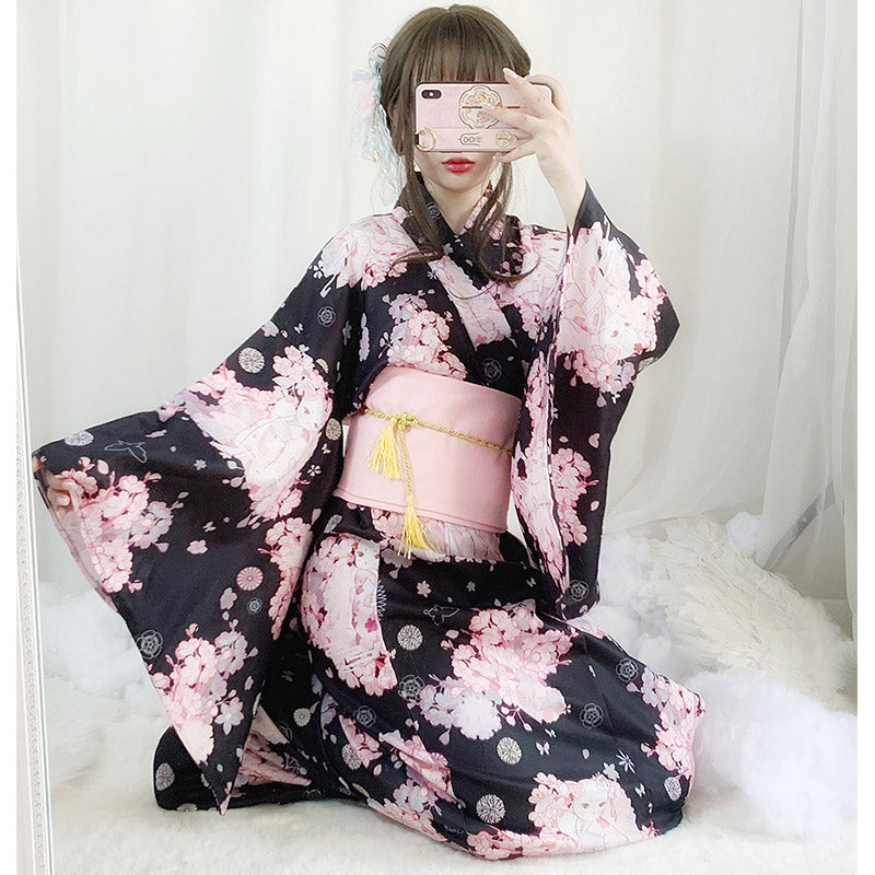 Robe kimono vintage à imprimé chat Sakura