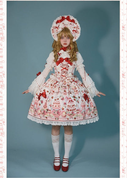 Strawberry and Desserts Print White Sweet Bow Accents Lolita JSK / Full Set