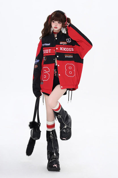 Biker Girl Print Embroidery Zip Detachable Coat Three Colors
