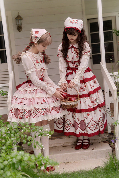 Red Beige Triple-Layer Apple Orchard Print Ruffle Embroidered Long Skirt