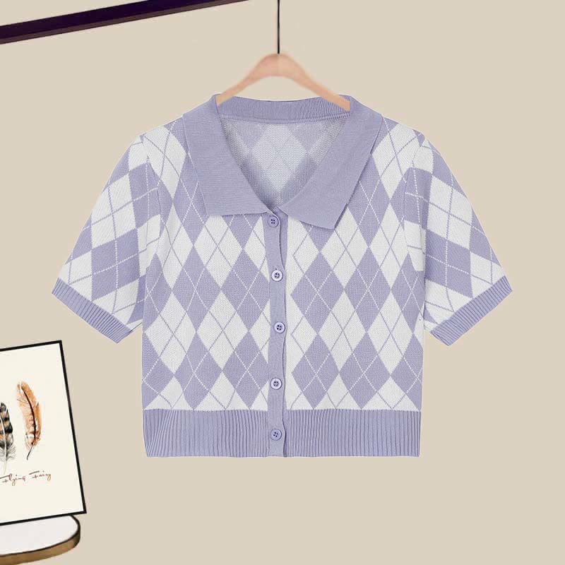 Rhombus Crop Top Set Pattern T-Shirt Pants Denim