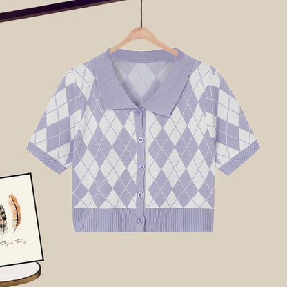 Rhombus Crop Top Set Pattern T-Shirt Pants Denim