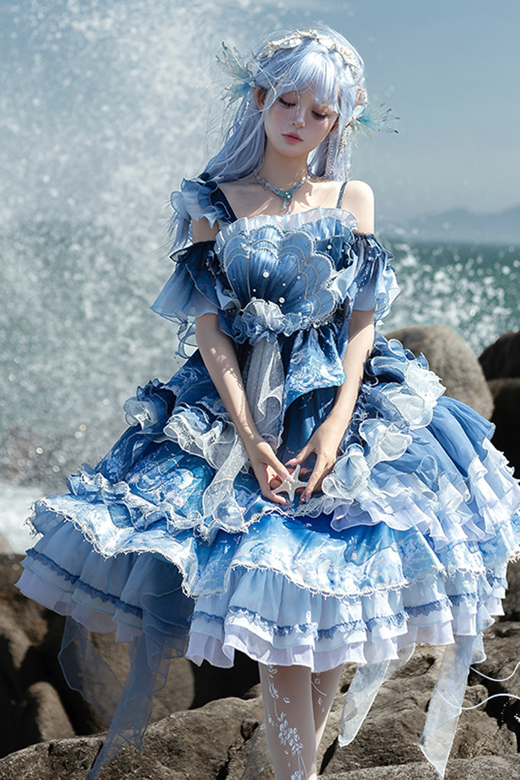 Gradient Printed Ruffled Embroidered Bow Lace Asymmetric Sweet Elegant Lolita JSK