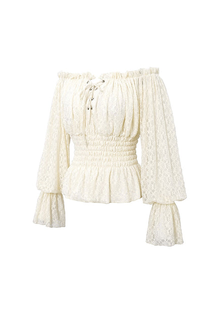 Ivory Off-Shoulder Long Sleeve Ruffled Lace Gothic Top