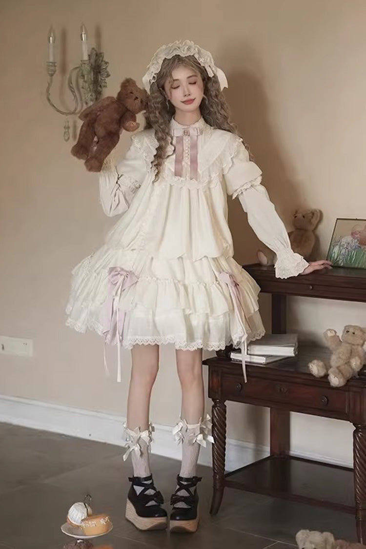 Triple-Layered Rose Embroidered Sweet Dress - Ivory Glass Flower Room