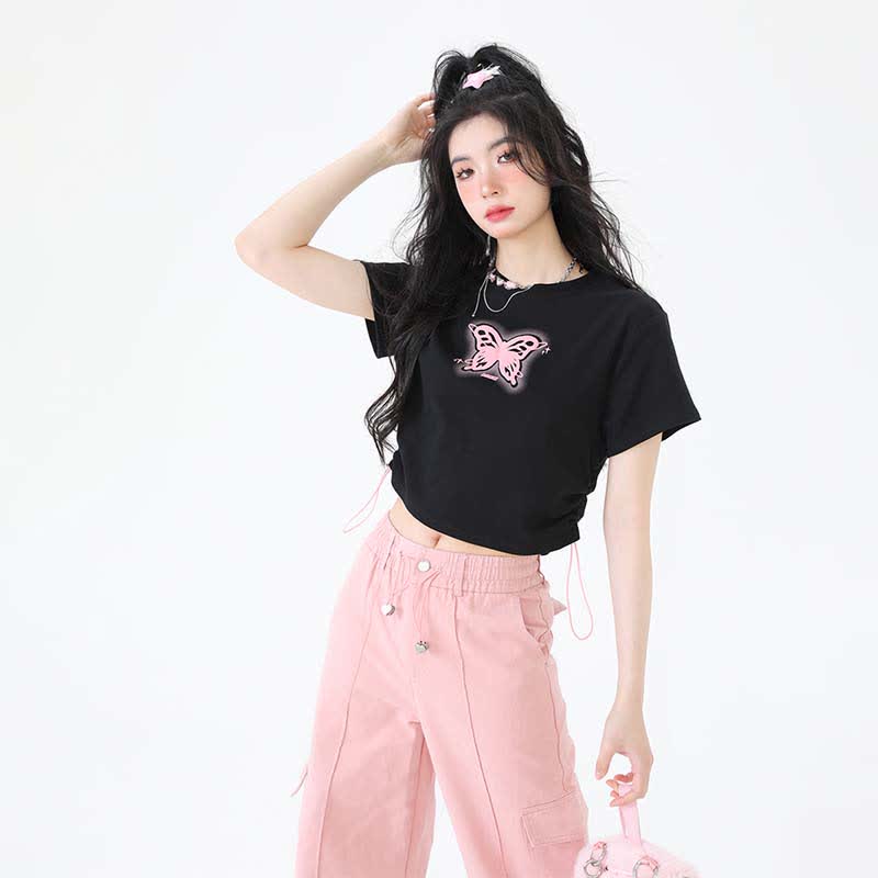 Butterfly Print Draw String T-Shirt Pocketed Cargo Pants