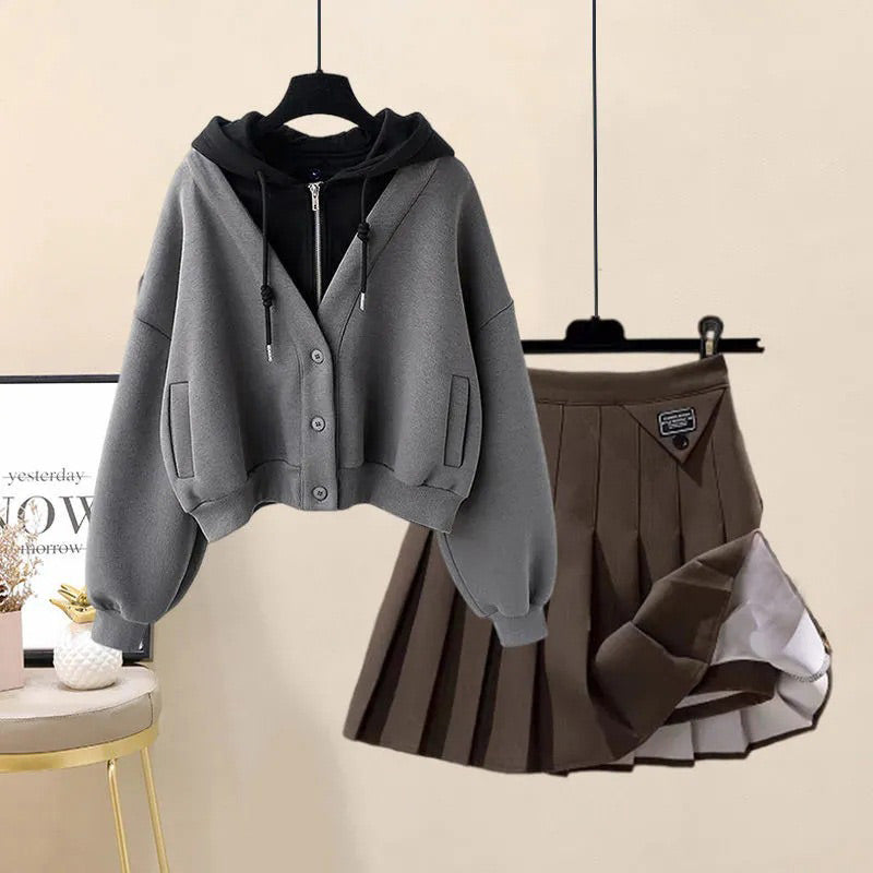 Colorblock Pocket Hoodie Pleated Skirt Set