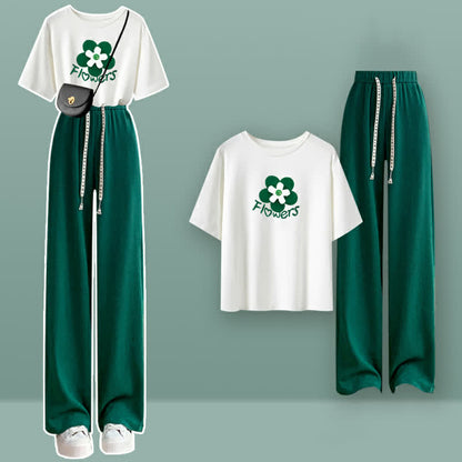 Letter Print Flowers Casual Set T-Shirt Pants
