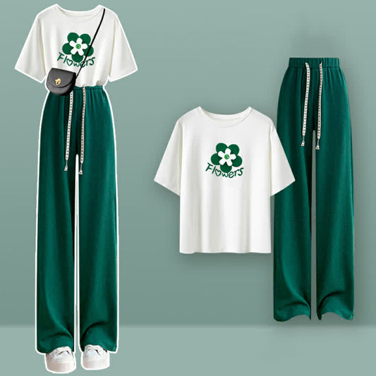 Letter Print Flowers Casual Set T-Shirt Pants