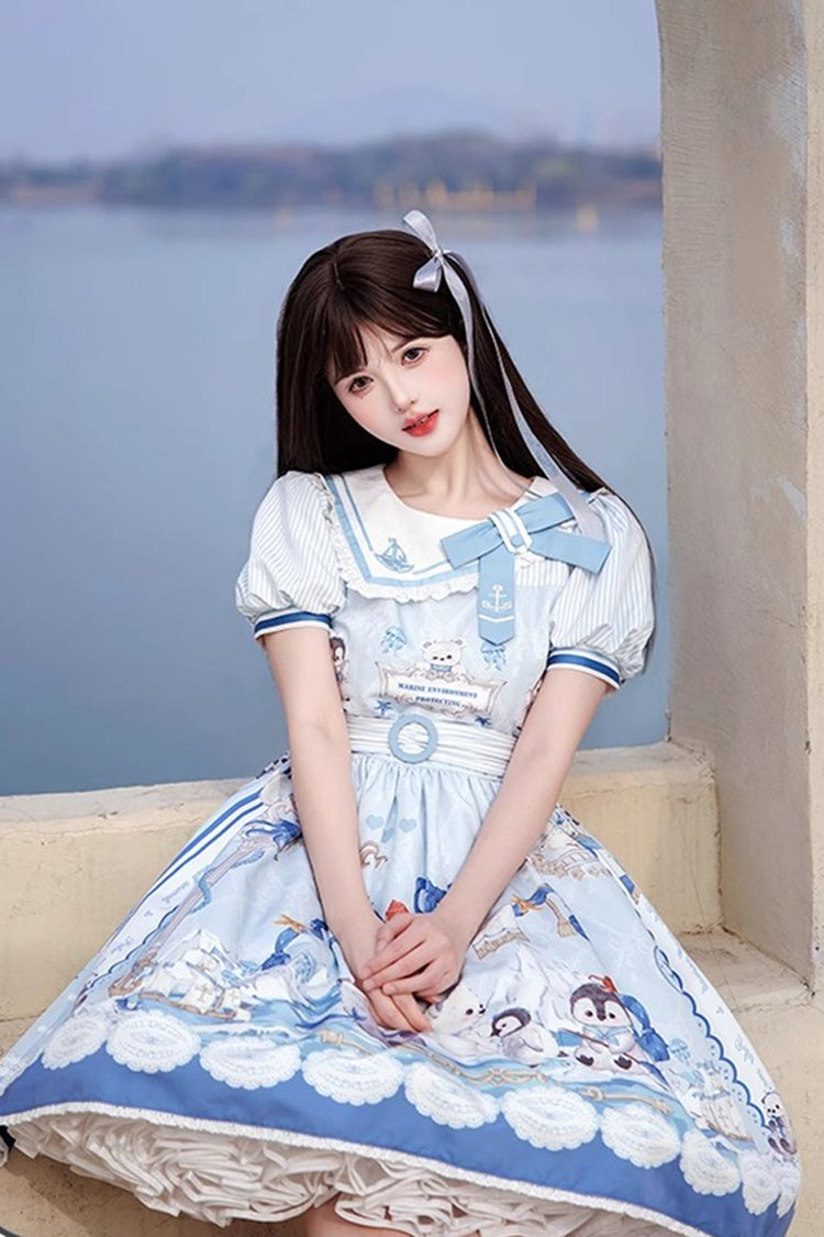 Navy Short-Sleeve Bow-Adorned Princess Gown with Ruffle Print