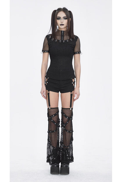 Punk Short-Sleeve Top with Mesh and Ring Embellishments