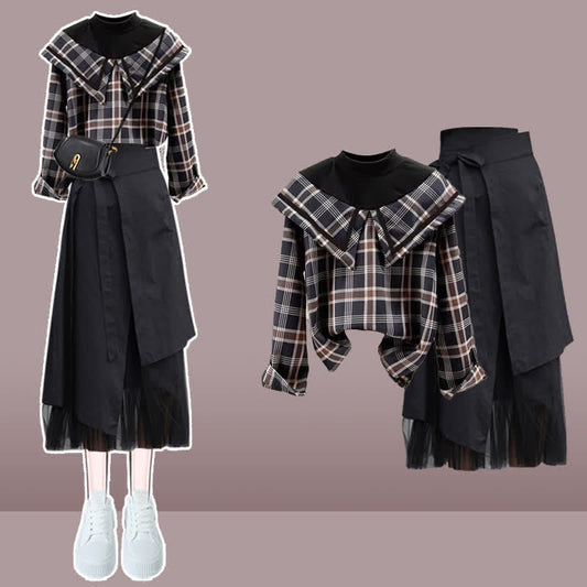 Lace Skirt Up Shirt Plaid Irregular Tulle