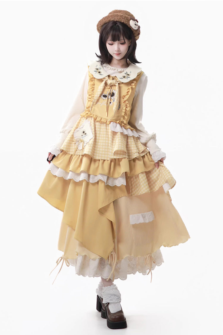 Orange Diary Layered Print Embroidered Bow Lace Asymmetric Sweet Lolita Jumper in Yellow