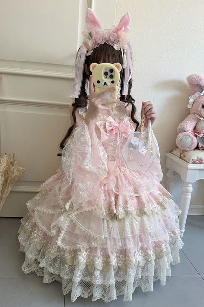 Pink Falling Rain Flowers Sleeveless Ruffle Embroidery Bow Sweet Chinese Style Lolita Jsk Dress
