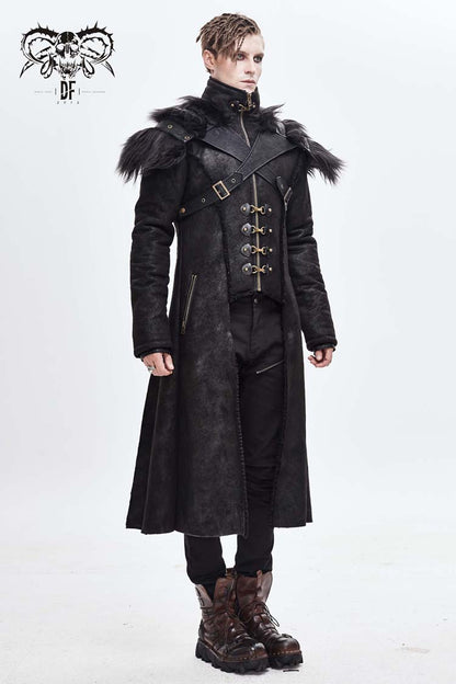 Men's Punk Coat with Fur Cape and Metal Hasp