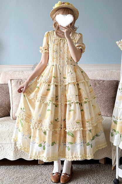 Lemon Chicken Short Sleeve Triple Layer Print Ruffle Bow Lace Gorgeous Lolita Gown in Yellow