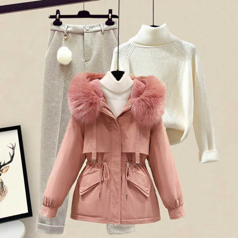 Fleece Hooded Coat Turtleneck Sweater Casual Pants