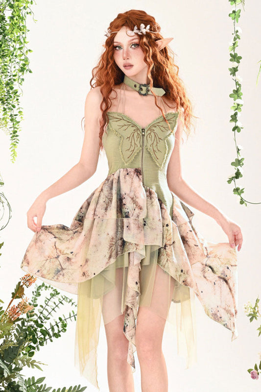 Green Forest Wandering 3D Butterfly Embroidery Lace Irregular Sweet JSK Dress