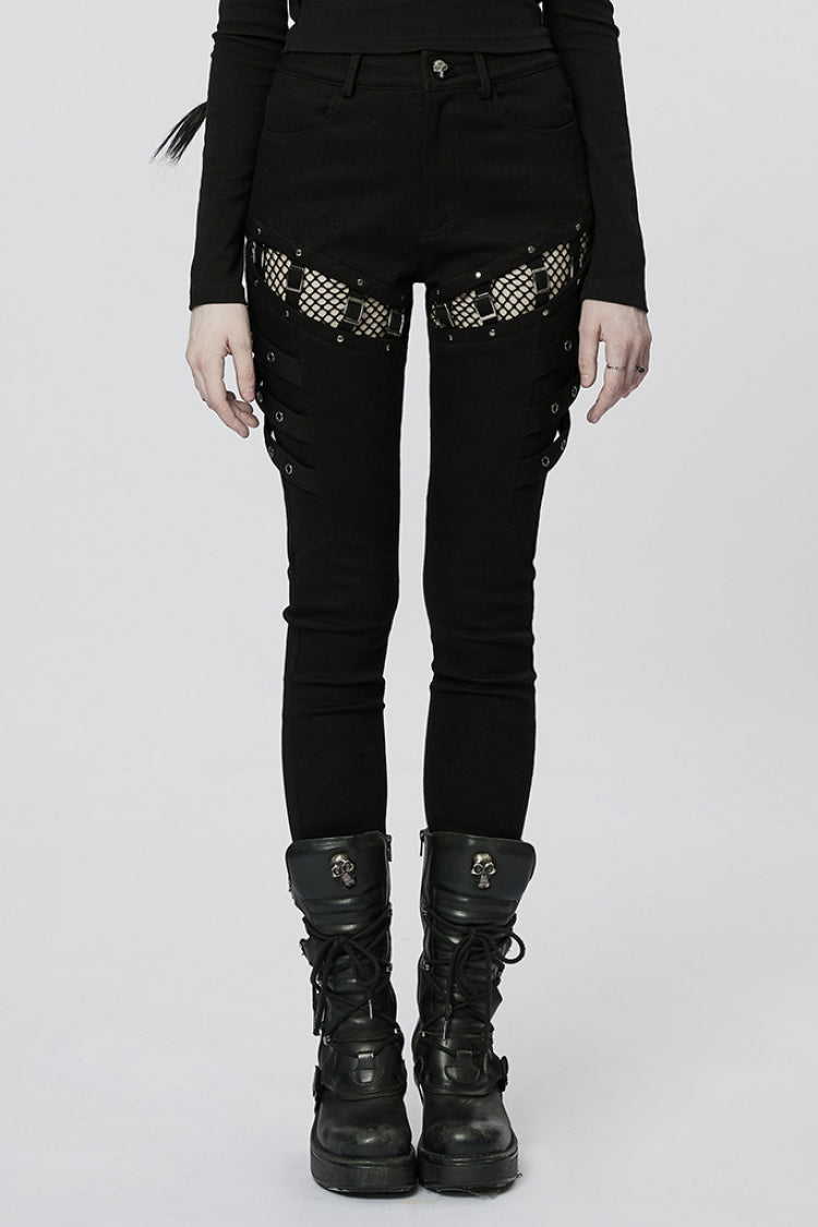 Dark Mesh Buckle-Trimmed Steampunk Pants with Hardware Accents