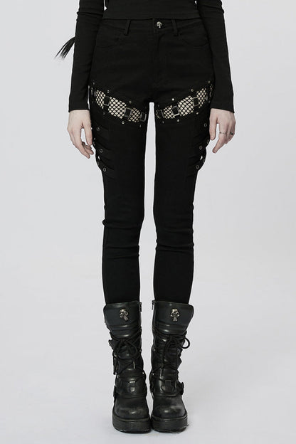 Dark Mesh Buckle-Trimmed Steampunk Pants with Hardware Accents