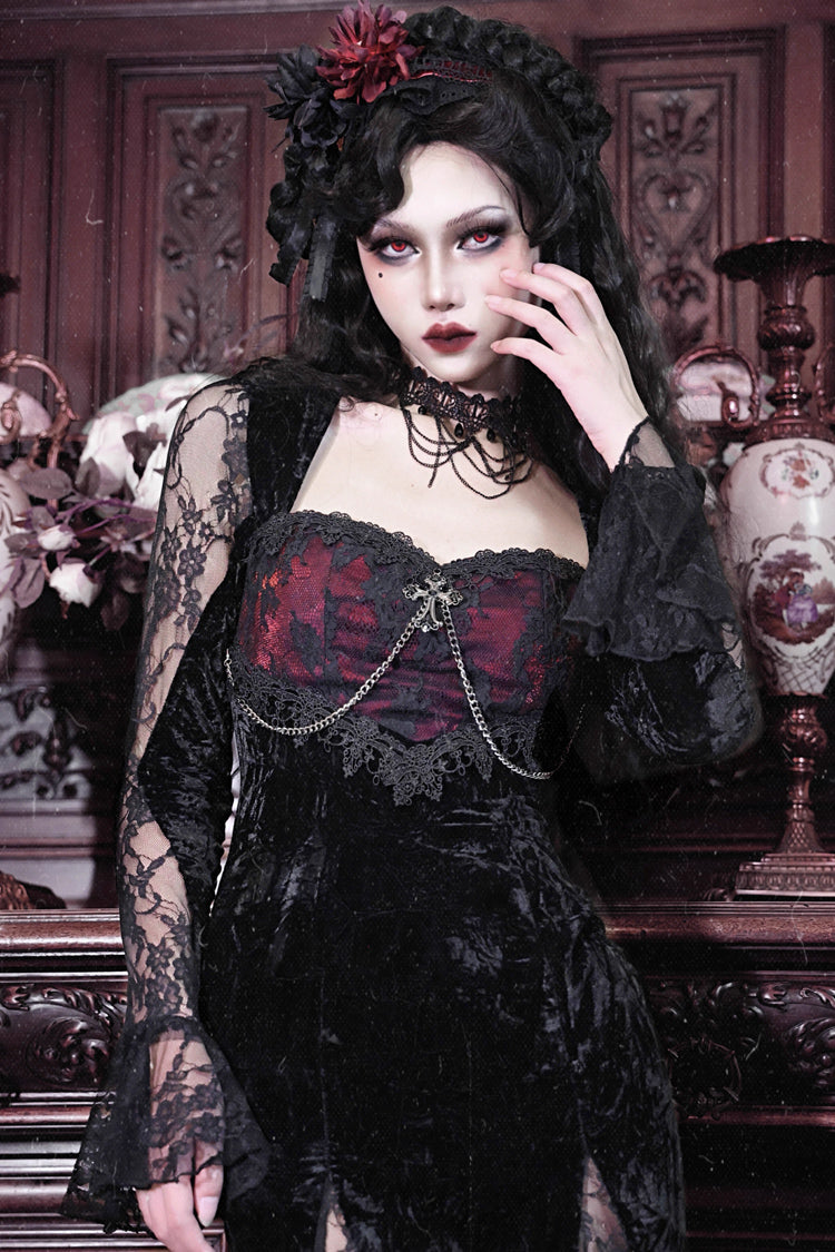Rose Cemetery Gothic Fishtail Dress with Slim Lace - Noir