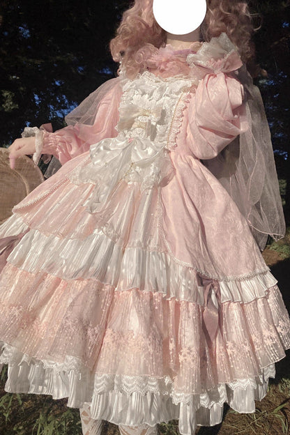 Pink OP Tiered Dress Sweet Lolita Long Sleeves Bowknot Ruffled - Altfashion Shop