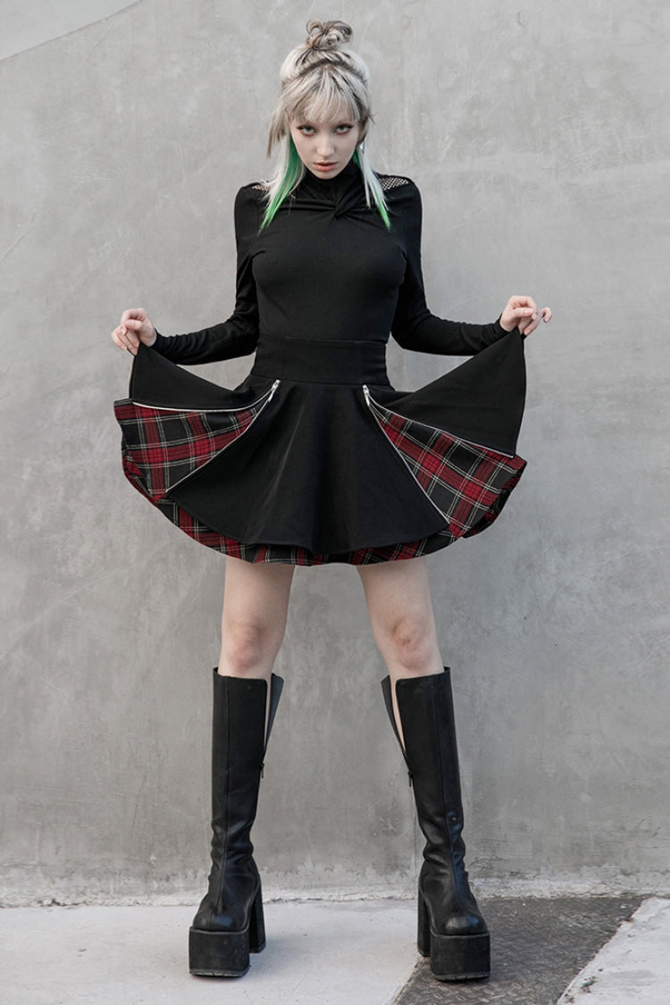 Red Plaid Pleated Skirt with Punk Attitude