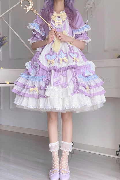 Purple Star Sugar Short-Sleeved Multi-Layer Ruffled Bow-Trim Sweet Lolita Dress