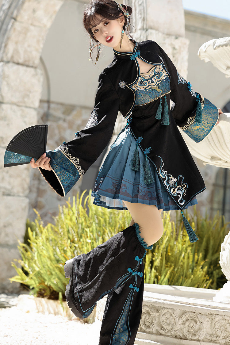 Cut-Out Embroidered Chinese Style Jumper Dress - Black/Blue Misty Teal