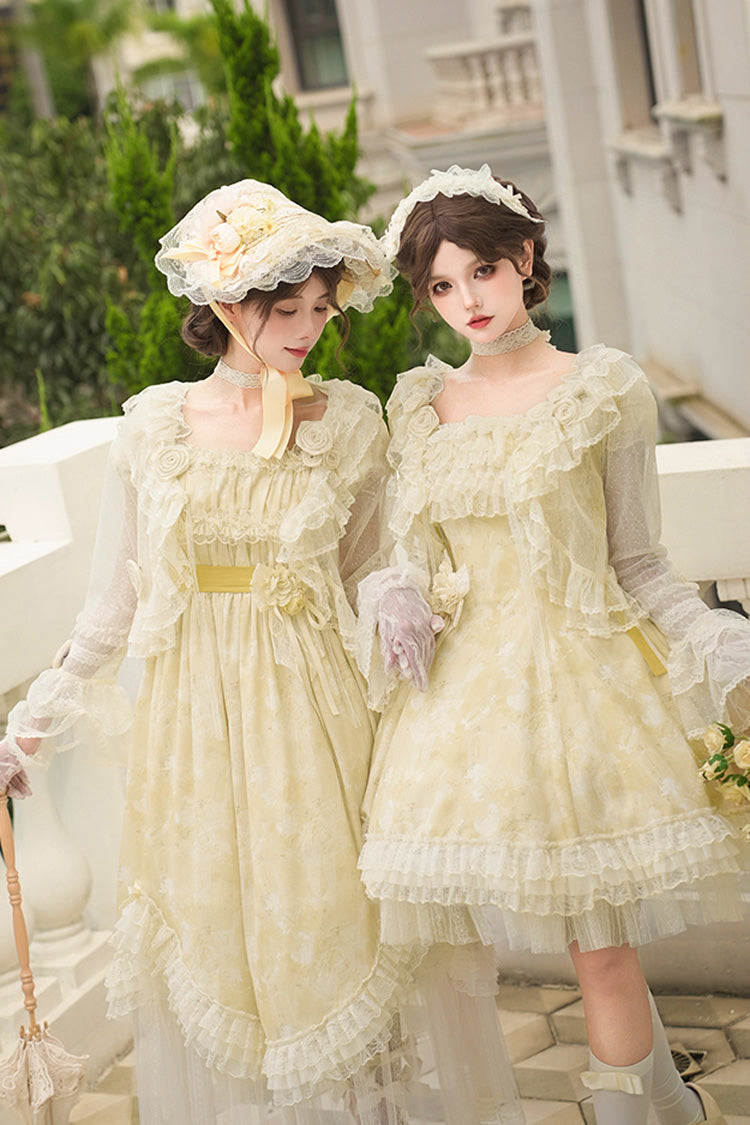 Golden Square-Collar Flutter-Sleeve Ruffled Lace Short Dress