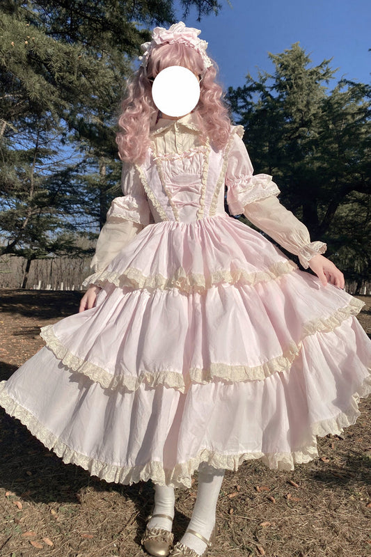 Pink Lapel-Collar Long-Sleeved High-Waisted Multi-Layer Bow-Trim Sweet Lolita Dress