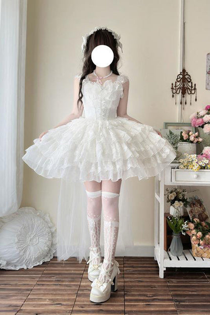 White Broken Wings Rebirth Sleeveless Multi-Layered Ruffle Bow Lace-Up Gothic Ballet Lolita Jsk Dress