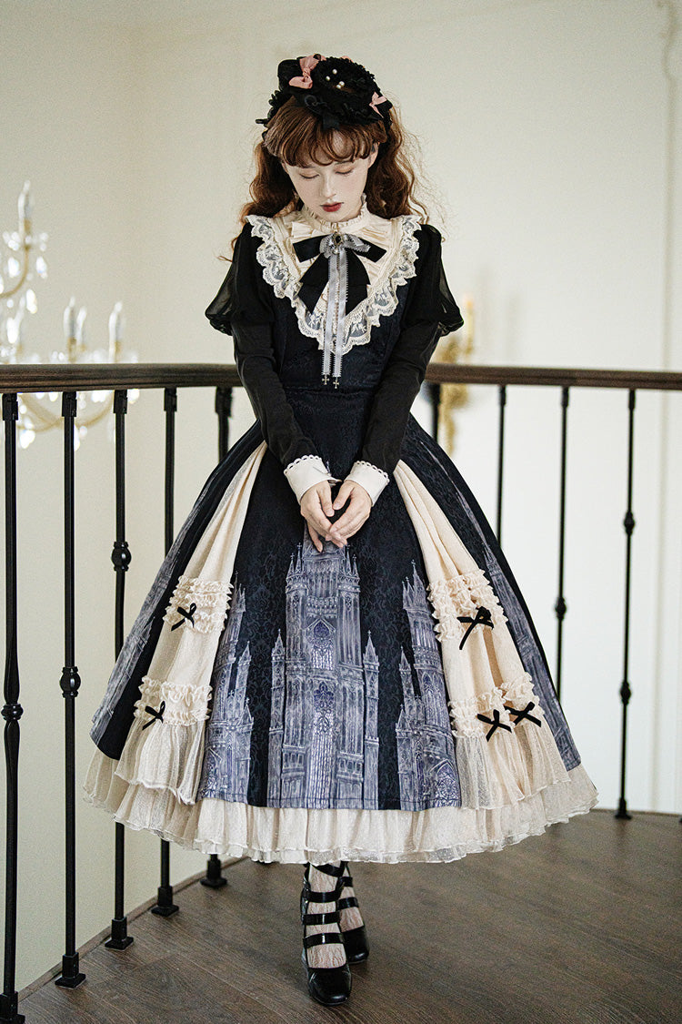 Black White Bell Print Ruffle Bow Lolita Dress