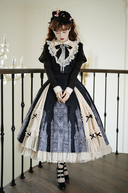Black White Bell Print Ruffle Bow Lolita Dress