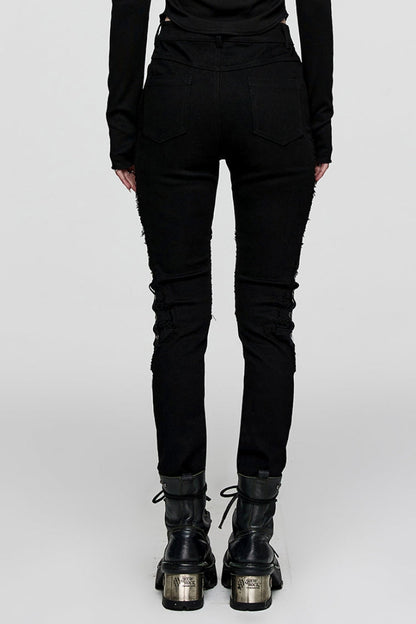 Sleek Mesh Stitched Steampunk Trousers with Metal Grommets
